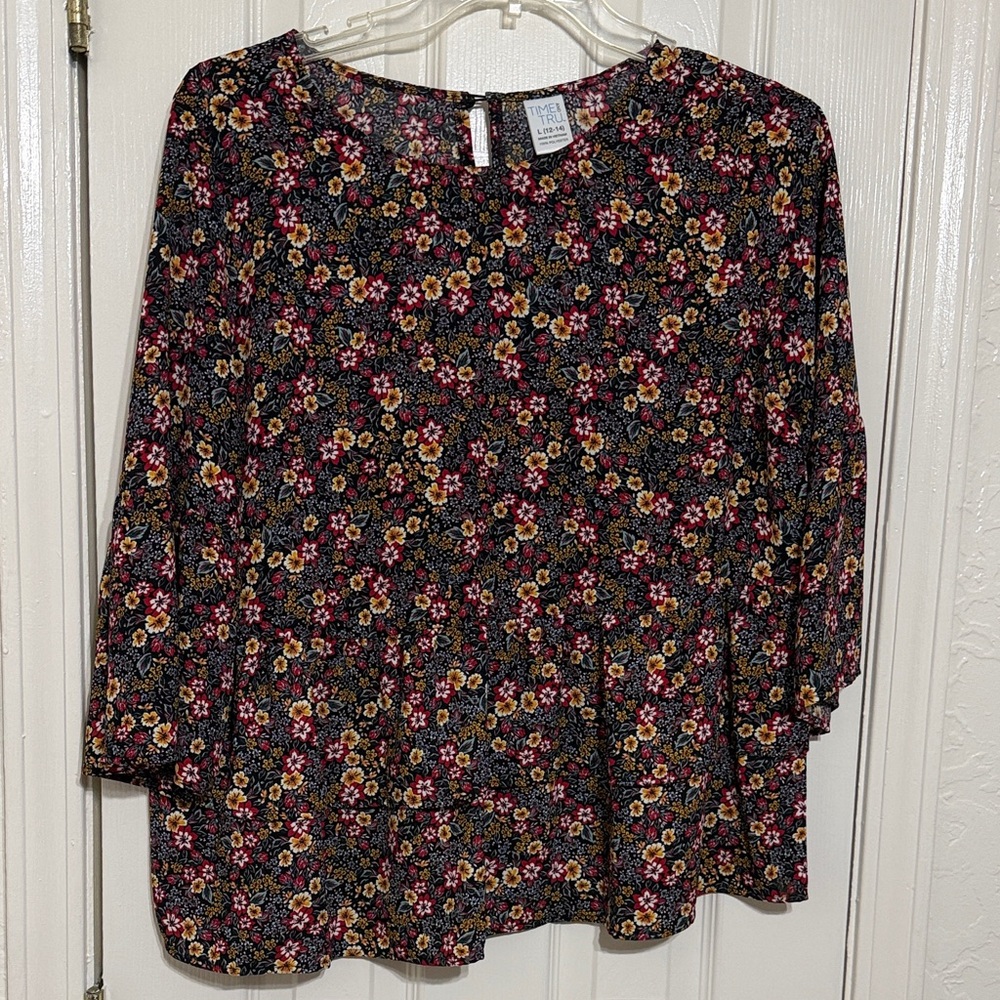 Time and Tru Black Floral Blouse with Pink and Gold Flowers